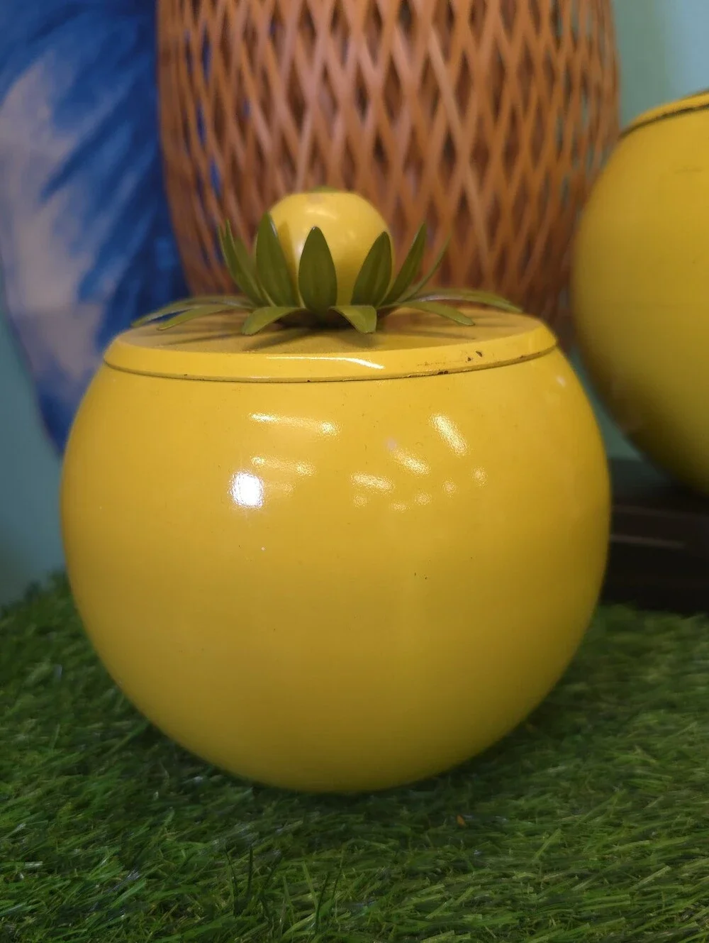 Vintage Yellow Metal Lemon Top  Tea & Sugar Canister Set